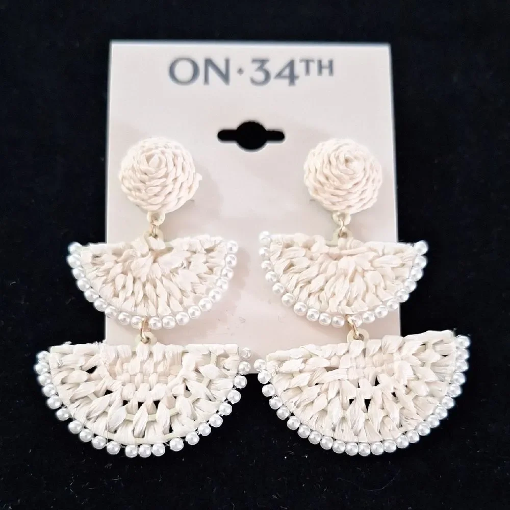 Cream Woven Raffia Drop Tower Earrings Hardware Goldtone, ON 34TH